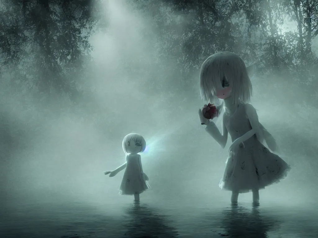 Image similar to cute fumo plush girl ghost in the haze of the murky river, reflective water surface, smoke and volumetric fog, tattered gothic horror maiden, fallen angel, green lens flare, light shafts, light and shadow, vray