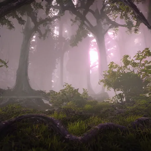 Prompt: Lush otherworldly woodlands with ancient mechanical ruins. Octane & Unreal Engine 4 & f1.4 Photography.