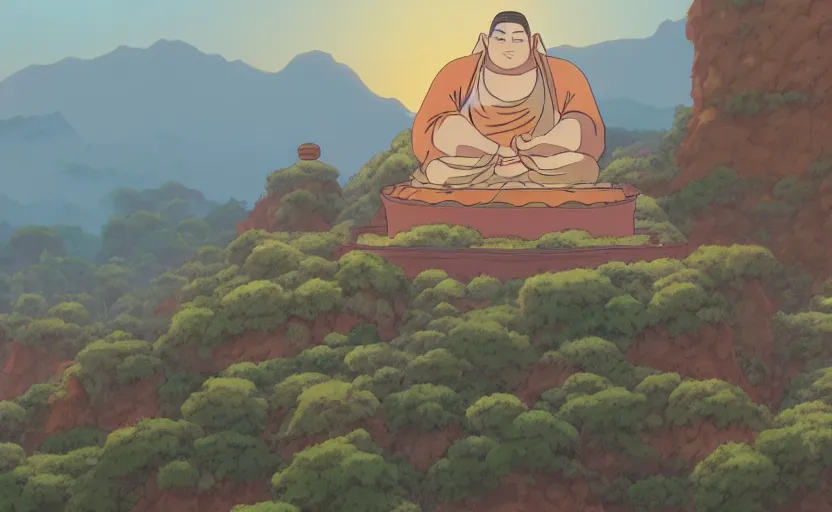 Image similar to a cell shaded movie still from a studio ghibli cartoon showing a highly detailed landscape with a giant living buddha statue marching through a valley in the desert. misty, depth perception, 4 k