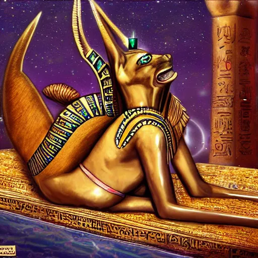 Image similar to anubis, egyptian art, lying in bed, sparkles all around, fantasy digital art, wow, stunning, hight quality