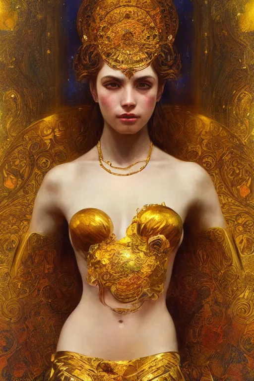 Prompt: an intricate artistic pose painting of a beautiful young goddess with an artistic sensual pose with klimt golden motives and textures, hyper detailed, ornamental gold headpiece, octane render, vivid colors, artstation, by jeremy mann, by alphonse mucha, by boris vallejo