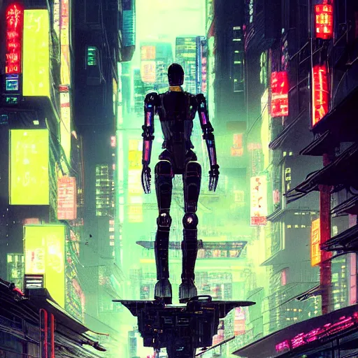 Image similar to cyberpunk robot in future japan at night, concept art, fine details, studio ghibli, cinematic lighting, ghost-in-the-shell, cyberpunk,sci-fi, fantasy, intricate, elegant, highly detailed, digital painting, trending on artstation, concept art, smooth, sharp focus, illustration, by james gurney and greg rutkowski