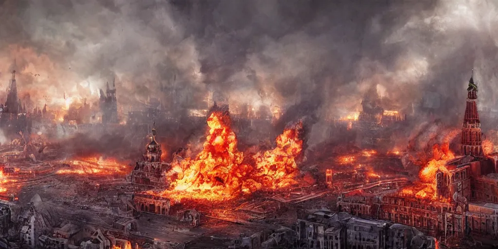 Image similar to A post-apocalyptic scene of fire and explosions on Red Square and the Kremlin, St Basil cathedral is destroyed, sci-fi concept art, nuclear mushroom, lots of fire, panic, dark, clouds, 8k, high detail, advanced rendering whimsically designed art, 4k post-processing highly detailed, Soft illumination