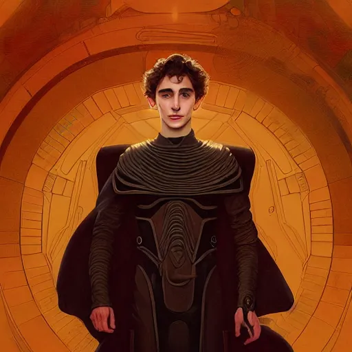 Prompt: a portrait of paul atreides from dune cinematic lighting, photorealistic, octane render, 8 k, depth of field, 3 d, art by artgerm and greg rutkowski and alphonse mucha and uang guangjian and gil elvgren and sachin ten, paul looks like timothee chalamet but older
