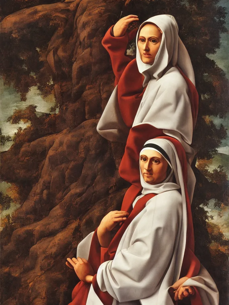 Prompt: a very detailed oil painting of the nun sainte claire wearing clarise habit, beautiful landscape background, half body, by michelangelo