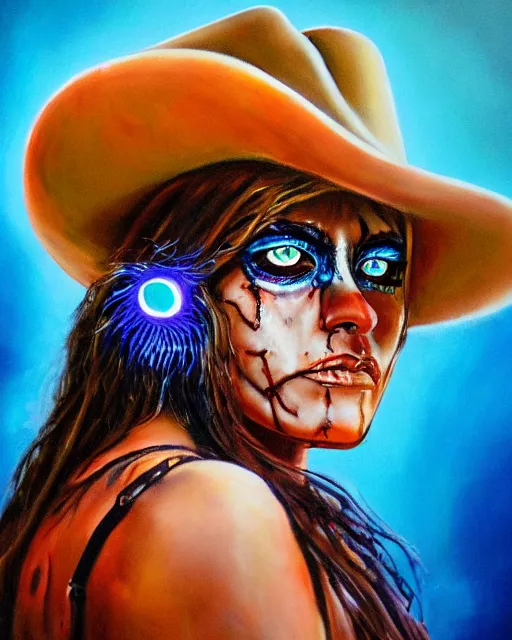 Prompt: acrylic portrait of scarred cowgirl with with burning glowing eyes, high production value, intricate details, high resolution, hdr, high definition, masterpiece, realistic, ultrarealistic, highly detailed, hd, sharp focus, non blurry, sharp, smooth