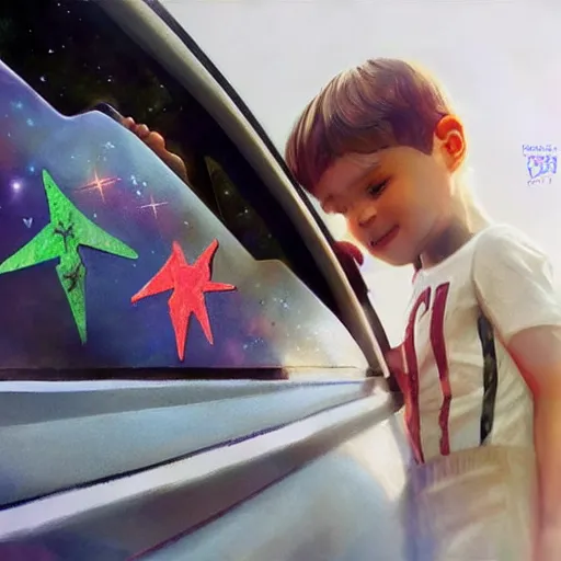 Image similar to close up of child's hand attaching a star - shaped sticker to a truck, digital art by ruan jia and mandy jurgens and artgerm, highly detailed, trending on artstation, award winning