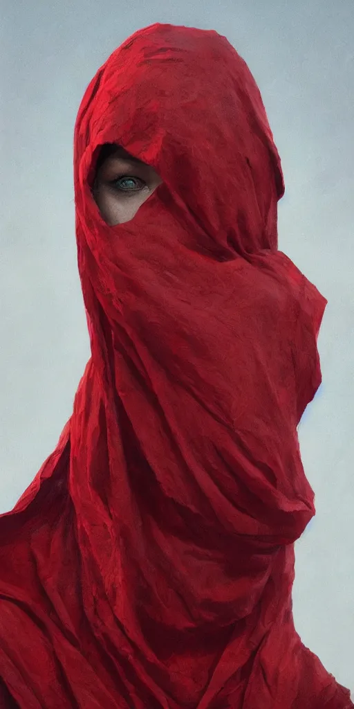 Prompt: woman with cloth covering her whole face, highly detailed, modern, digital art, red color, unreal engine, photorealism, cinematic lighting, 8k photorealistic, dramatic, trending on artstation, by Greg Rutkowski