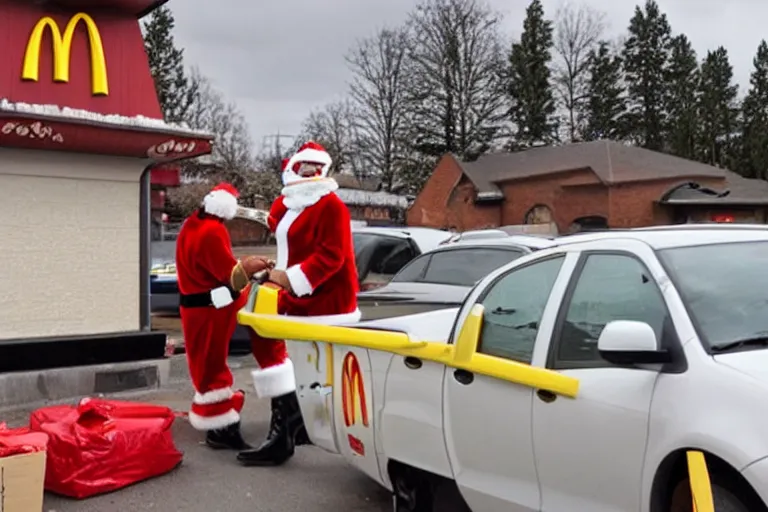 Prompt: santa claus working in a mcdonald's drive-thru