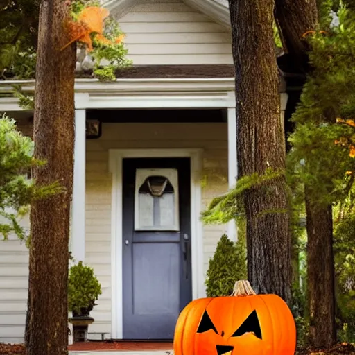 Image similar to movie still of a jack o lantern on the front porch of a house in the woods