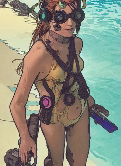 Image similar to cyberpunk beach lifeguard. swimsuit. portrait by ashley wood and alphonse mucha and laurie greasley and josan gonzalez and james gurney. splinter cell, apex legends, rb 6 s, hl 2, d & d, cyberpunk 2 0 7 7. realistic face. character clothing. vivid color. dystopian setting.