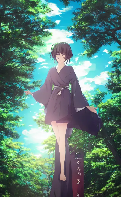 Prompt: girl and a crane in japanese pines, trading card front, kimono, realistic anatomy, cosplay photo, professional, by ufotable anime studio, green screen, volumetric lights, stunning, sun in the background, generate realistic face, pretty eyes