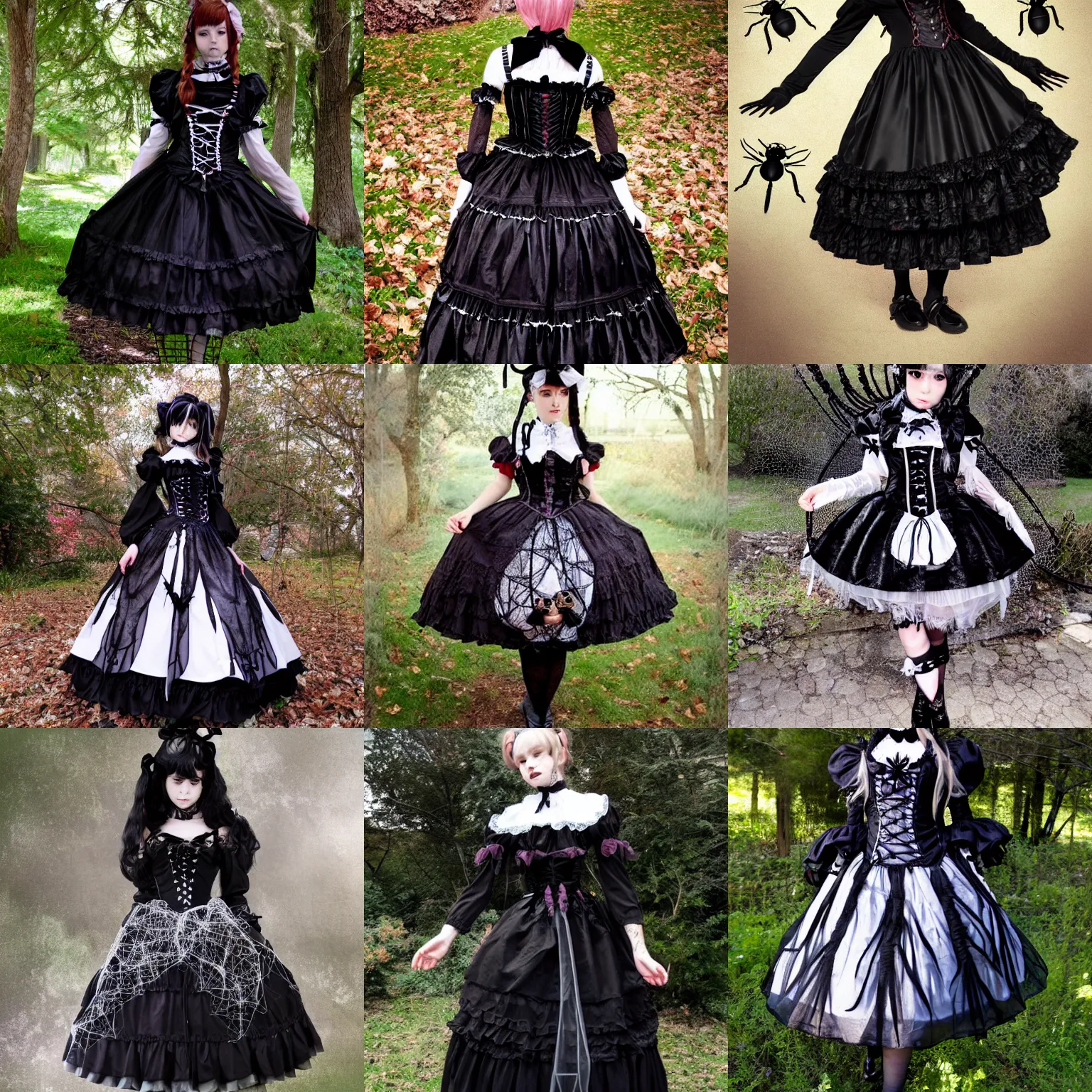 Prompt: a gothic lolita dress covered in spiders