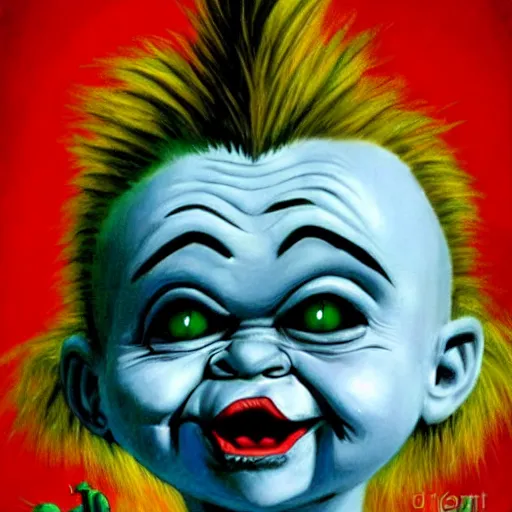 Prompt: fantasy painting of chucky by dr seuss | horror themed | creepy