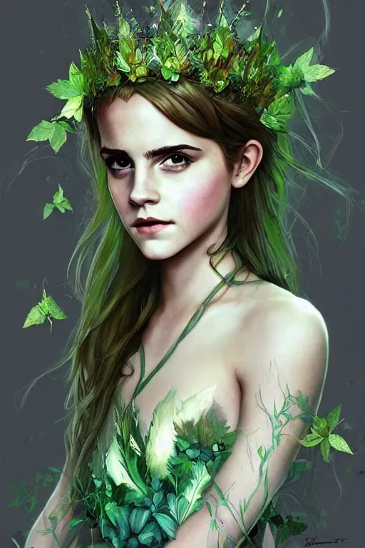 Prompt: portrait of a beautiful young emma watson as titania, summer queen. faerie queen. queen of light, green, poison ivy, made by caravaggio stanley artgerm lau wlop rossdraws artstation cgsociety concept art cgsociety octane render