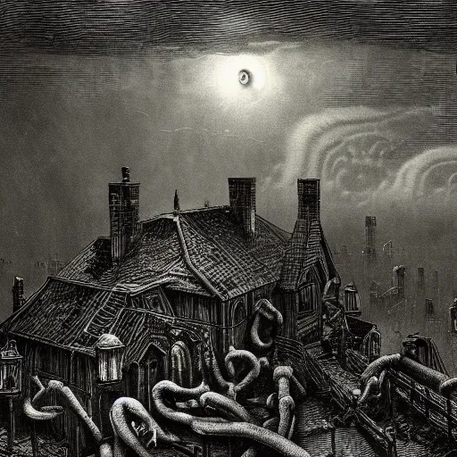 Image similar to Innsmouth, H.P. Lovecraft, dark clouds, dark, eerie, dystopian, city, eldritch, illustration by Gustave Doré