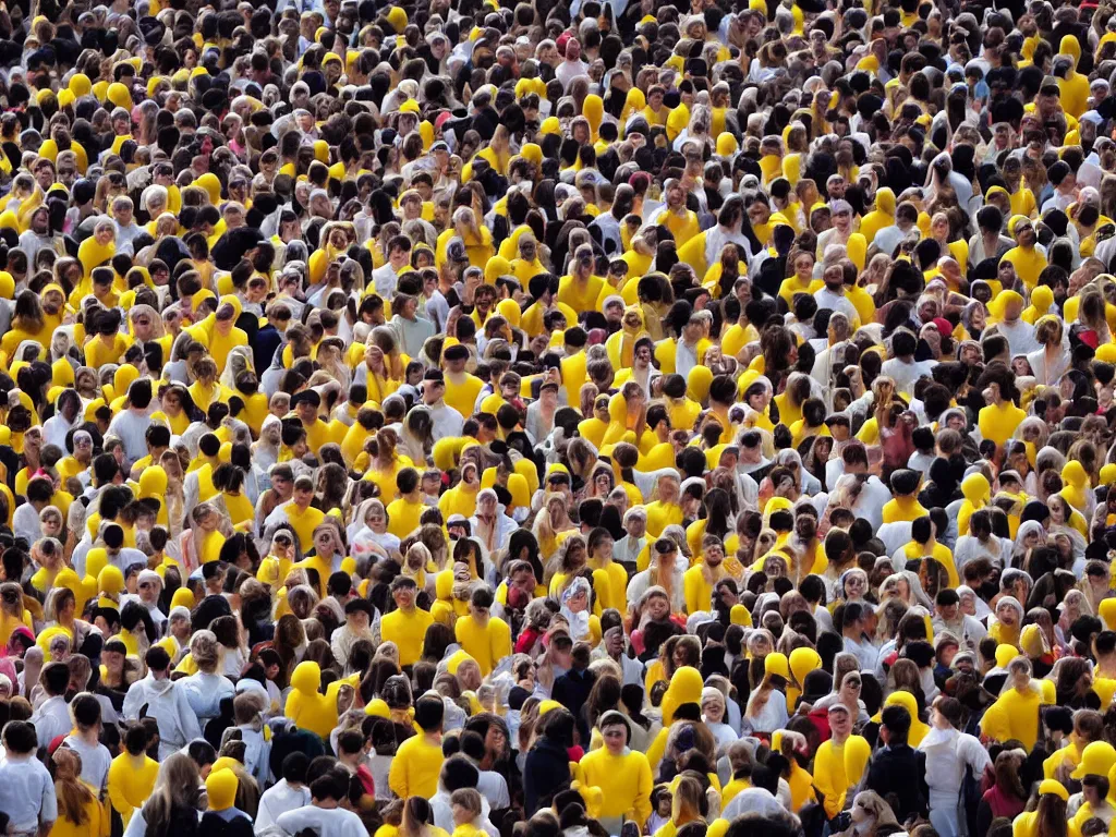 Image similar to 10,100 humans wearing angel costumes. they look up at the sky. they look at the viewer in joy. there is egg yolk in the middle of the crowd.