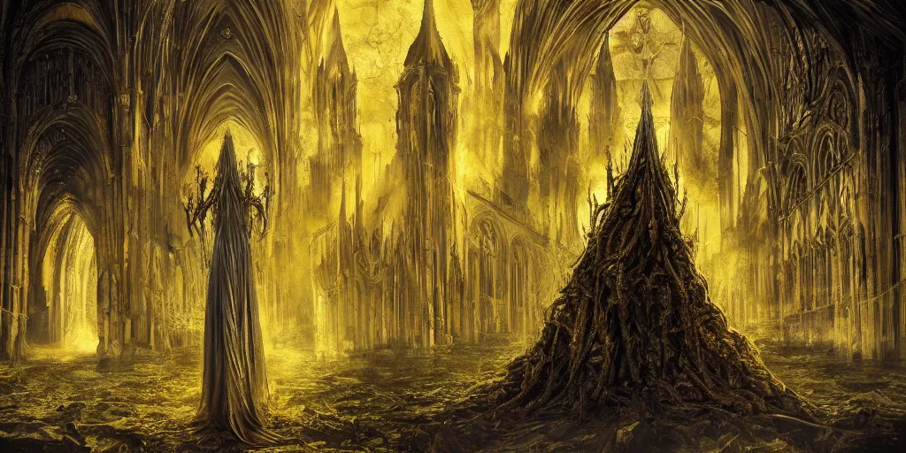 Image similar to a tall towering huge pale human wearing a yellow garment sitting upon an ornate stone throne, 4K, digital art, lovecraftian, lovecraft art, artstation, horror, dramatic, wearing a long yellow rotting garment, dark, hyperrealistic, dramatic perspective, complex (((dark))) cathedral background, dark background, highlights, extremely detailed,