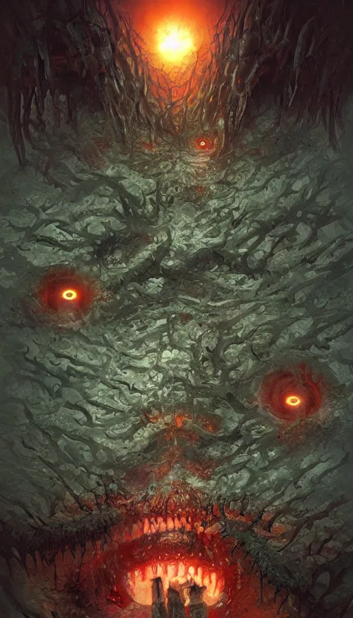 Image similar to a storm vortex made of many demonic eyes and teeth, by marc simonetti