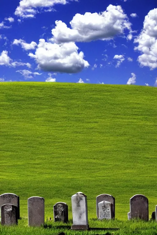 Prompt: realistic detailed photo of the windows xp bliss hills screensaver saturated cloudy blue skies with a graveyard, with many worn gravestones, hyper detailed, sigma 5 0 mm, flickr