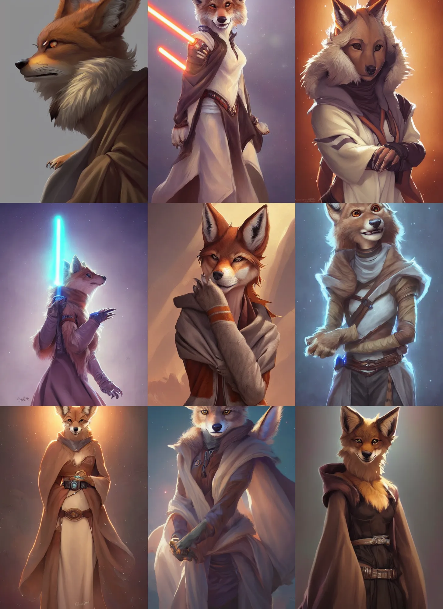 Prompt: beautiful portrait of a female anthropomorphic coyote fursona wearing jedi robes. cute pose. detailed hands. character design by charlie bowater, ross tran, artgerm, and makoto shinkai, detailed, soft lighting, rendered in octane