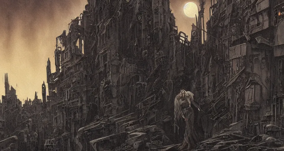 Image similar to a detailed illustration of a weeping woman against the background of a ravaged city and a dark moonlit sky, artstation, by Gerald Brom, Art Nouveau, sophisticated, Unreal engine, dystopia, anti-utopia, post processing, nostalgic melancholic artwork, intricate