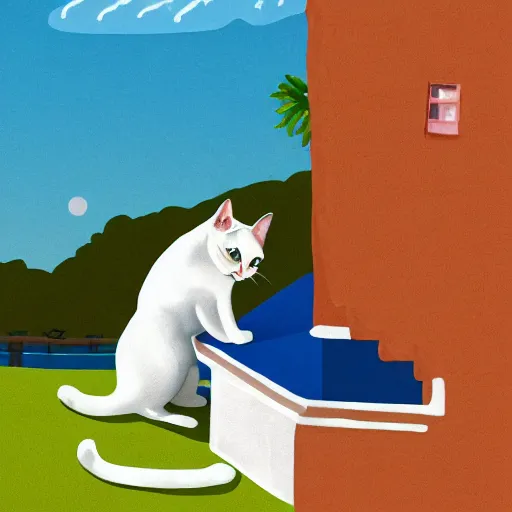 Image similar to detailed illustration of a white female cat with a black spot on her trunk playing guitar, an old house with a window over a hill, blue sky