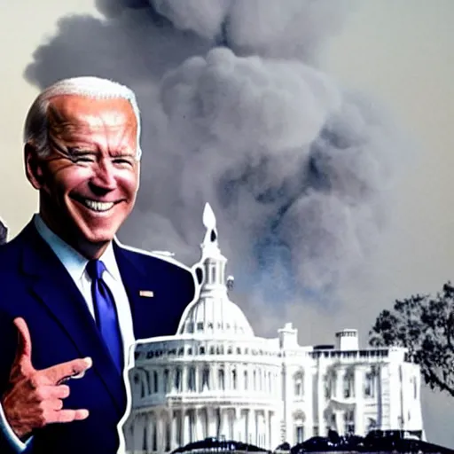 Image similar to Photograph of Joe Biden smiling with burning whitehouse in the background