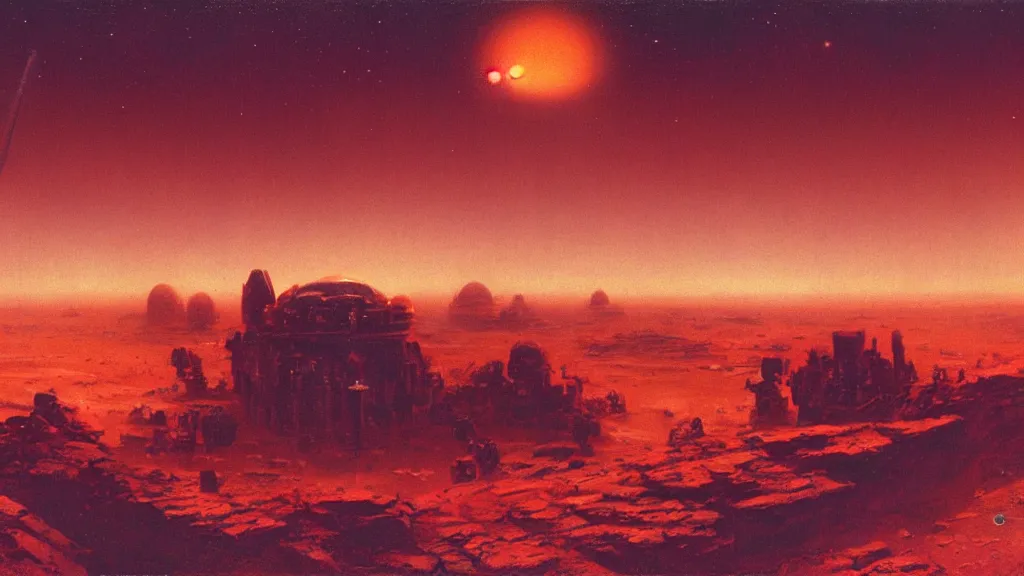 Image similar to mars colony by paul lehr and john schoenherr, cinematic matte painting