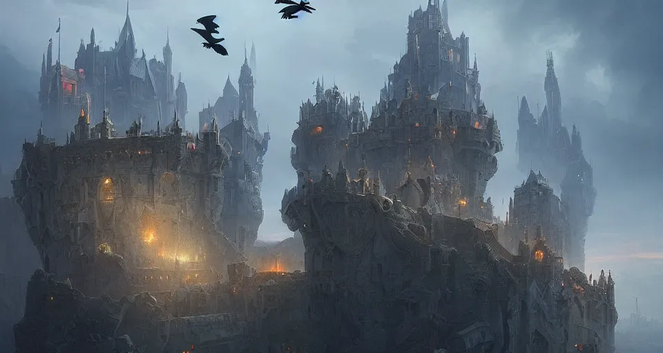 Image similar to futuristic floating fantasy castle above a medieval city, flocks of ravens, by Greg Rutkowski and Raphael Lacoste, detailed, masterpiece, volumetric lighting, 8k