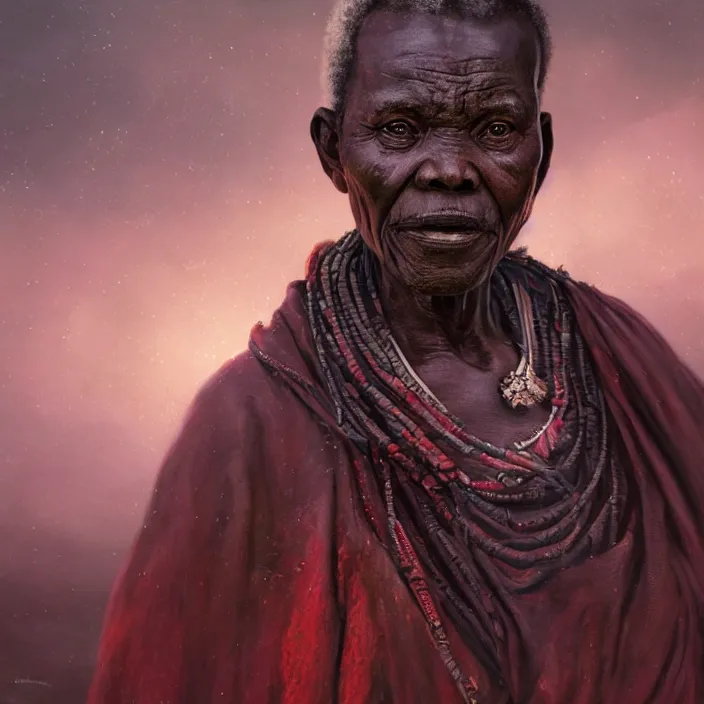 Prompt: a painting of a wise elder from Kenya. dramatic angle, ethereal lights, details, smooth, sharp focus, illustration, realistic, cinematic, artstation, award winning, rgb , unreal engine, octane render, cinematic light, macro, depth of field, blur, red light and clouds from the back, highly detailed epic cinematic concept art CG render made in Maya, Blender and Photoshop, octane render, excellent composition, dynamic dramatic cinematic lighting, aesthetic, very inspirational, arthouse.