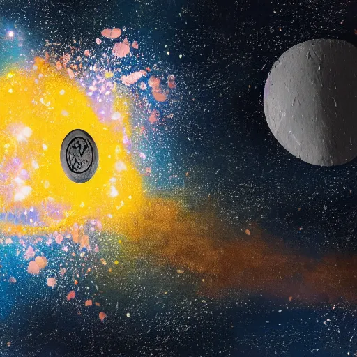 Image similar to a painting of a coin crashing into the moon, exploding, space