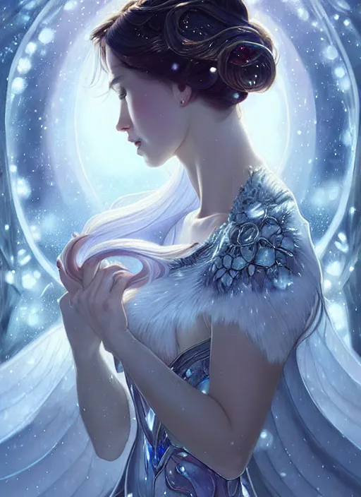 Image similar to a beautiful cinematic female winter goddess, cristal dress, ice wing, galatic shamen with quantum energy fantasy, fantasy magic, undercut hairstyle, dark light night, intricate, elegant, sharp focus, illustration, highly detailed, digital painting, concept art, matte, art by wlop and artgerm and greg rutkowski and alphonse mucha, masterpiece