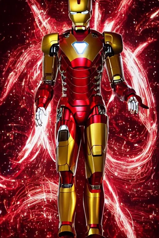 Image similar to portrait photo of michael jackson wearing a giant huge golden and red metal futuristic steampunk iron man suit with a red guitar covered with multicolored big gears and tubes, eyes are glowing red lightbulbs, shiny crisp finish, 3 d render, 8 k, insaneley detailed, fluorescent colors, background is multicolored lasershow