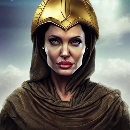 Image similar to Angelina Jolie as ancient greek woman in golden helmet, giant grey-haired bearded Liam Neeson face in the sky, epic fantasy style art, fantasy epic digital art