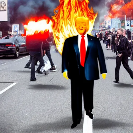 Image similar to photo realistic donald trump on fire crossing the street busy traffic no one cares