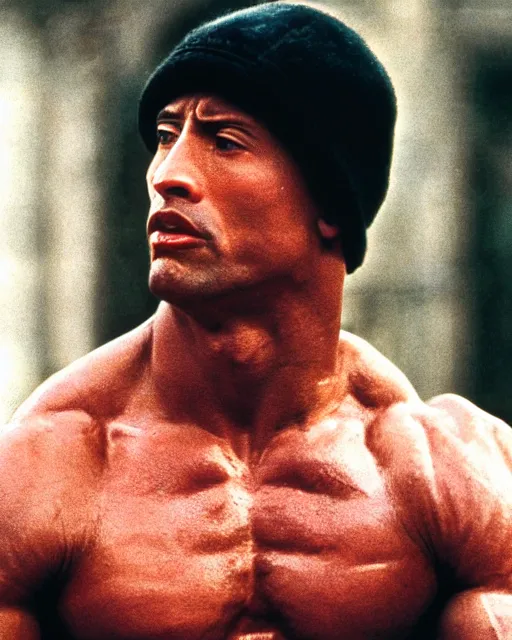 Image similar to Film still close-up shot of Dwayne Johnson as Rocky Balboa from the movie Rocky. Photographic, photography