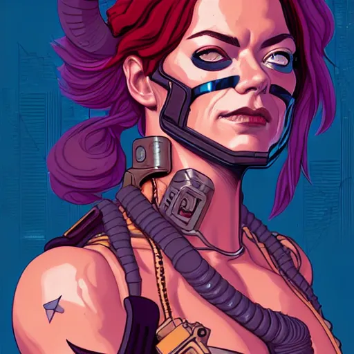 Image similar to portrait painting of a cyberpunk mercenary muscular emma stone with two big horns, sharp focus, award - winning, trending on artstation, masterpiece, highly detailed, intricate. art by josan gonzales and moebius and deathburger
