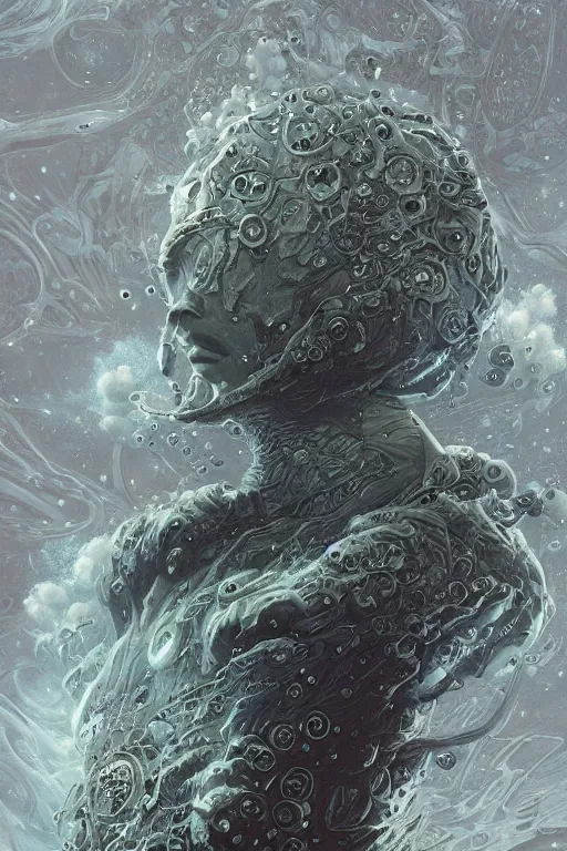 Image similar to close up shot of a full body floating astronaut portrait water elemental, james gurney, peter mohrbacher, mike mignola, black paper, mandelbulb fractal, trending on artstation, exquisite detail perfect, hyper detailed, intricate ink illustration, black background