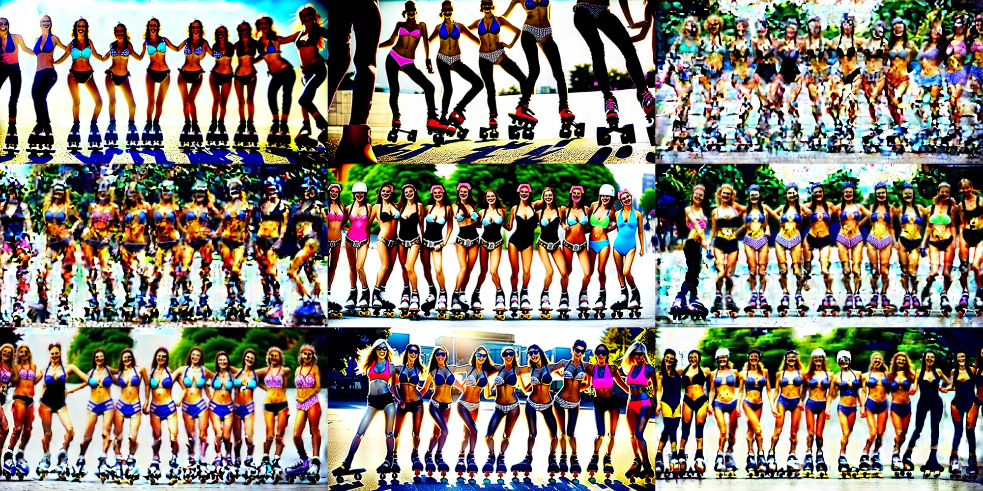 Prompt: lovely detailed faces of bikini models rollerblading on the streets and having fun, sharp eyes, smile, group portrait