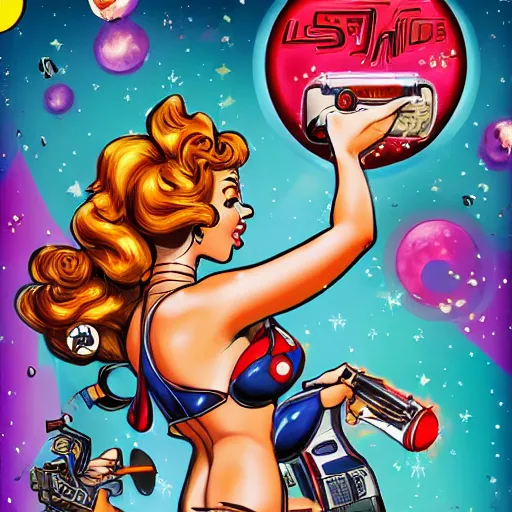 Image similar to old school, traditional style flashes of pinup girl in space holding a lazer pistol by sailor jerry, marina goncharova, vic james, electric martina, heath clifford, filip henningsson, kimi vera