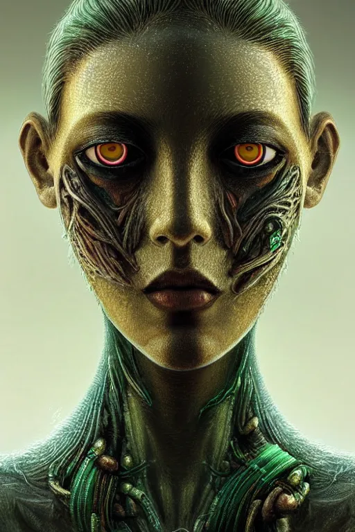 Image similar to beautiful portrait of a mutant algae plant character, intricate transhuman, dystopian cyberpunk, eyelashes, extremely detailed, digital painting, sculpted in zbrush, artstation, concept art, smooth, sharp focus, illustration, chiaroscuro soft lighting, golden ratio, rule of thirds, fibonacci, incredible art by Stanley Artgerm Lau and Greg Rutkowski, composition by mike mignola and Simon Stalenhag,