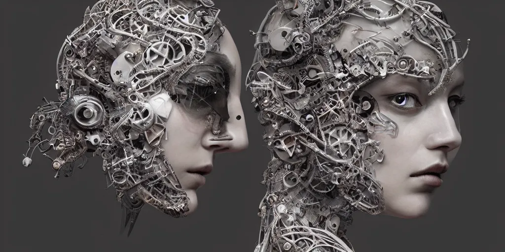 Image similar to hyperrealistic photography of a highly detailed and symmetrical gorgeous cyborg female deconstructing a poetry machine in the style of beth cavener, jin kagetsu, james jean and wlop, highly detailed, face symmetry, masterpiece, award - winning, sharp focus, intricate concept art, ambient lighting, 8 k, artstation