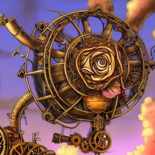 Image similar to giant mechanical rose, steampunk, fantasy art, sky, detailed