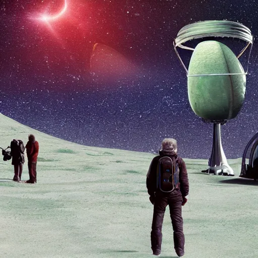 Image similar to Space travelers encountering intelligent life on an alien planet for the first time.