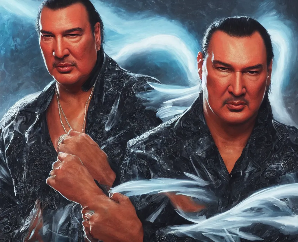 Prompt: epic portrait of Steven Seagal, bloomed lighting, angelic, futuristic, beautiful colors, slightly golden, very detailed, detailed mechanical hands, electrical details, cinematic lighting high details, 4k, 8k, trending on artstation, ultra-realism