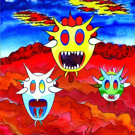 Image similar to Three bright red demons flying up from a desert canyon in the style of Takashi Murakami, highly detailed, watercolor background, Kids See Ghosts