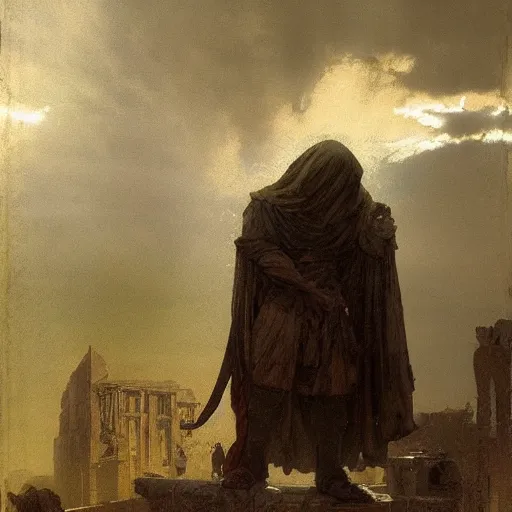 Image similar to half portait of magican wearing a closed cowl and big old book! chained to the wrist, jeremy mann, jean - leon gerome, tiepolo, alphonse mucha, greg rutkowski, face in the shadows, ( ( ruins of ancient rome ) ), at dusk, mysterious atmosphere, sunrays, dof, high detailed, 8 k