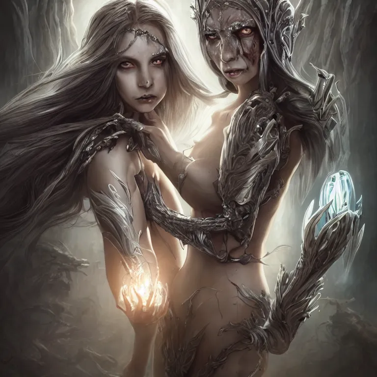 Image similar to beautiful cinematic fantasy poster, sci-fi, semi-transparent, beautiful female zombie with brilliant silver flowing hair and a brilliant jeweled silver helm, beautiful white glowing eyes, wideshot ultrawide angle epic scale, hybrid from The Elden Ring and art direction by Darius Zawadzki ;by artgerm; wayne reynolds art station; cinematic quality character render; low angle; ultra high quality model; production quality cinema model;