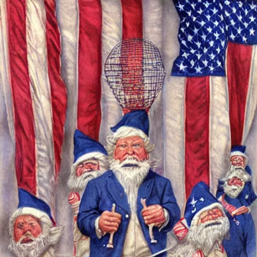 Image similar to the United States of Gnomerica independence day party, illustration by Alan Lee